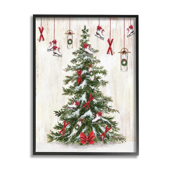 Stupell Industries Ice Skates and Sleds on Tree by Emma Leach 1-Piece Framed Graphic Print Nature Poster Art Print 20 in. x 16 in.