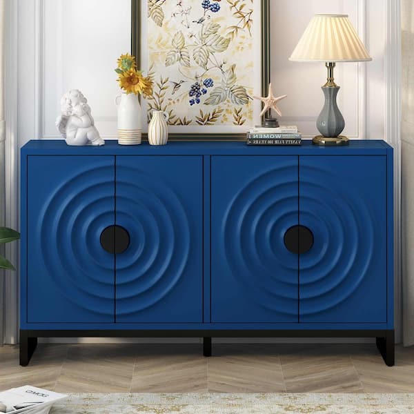 Navy Blue Wood 58.2 in. Sideboards with Stunning Water Wave Door and Adjustable Shelves