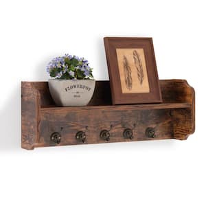 Rustic Aged Wood Print MDF Utility Floating Wall Shelf with Hooks