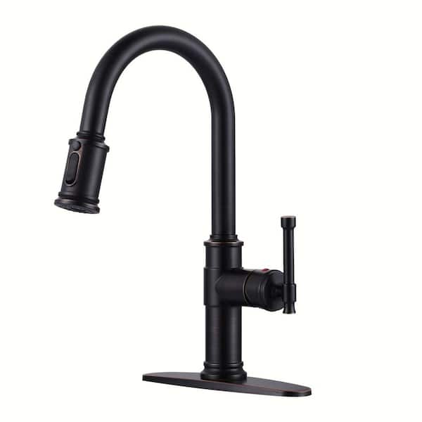 ARCORA Oil Rubbed Bronze Single Handle Pull-Down Sprayer Kitchen Faucet with 3-Mode Sprayer and Deckplate in Stainless Steel