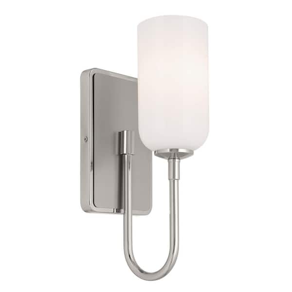 Solia 13.5 in. 1-Light Polished Nickel with Stain Nickel Bathroom Wall Sconce Light with Opal Glass Shade