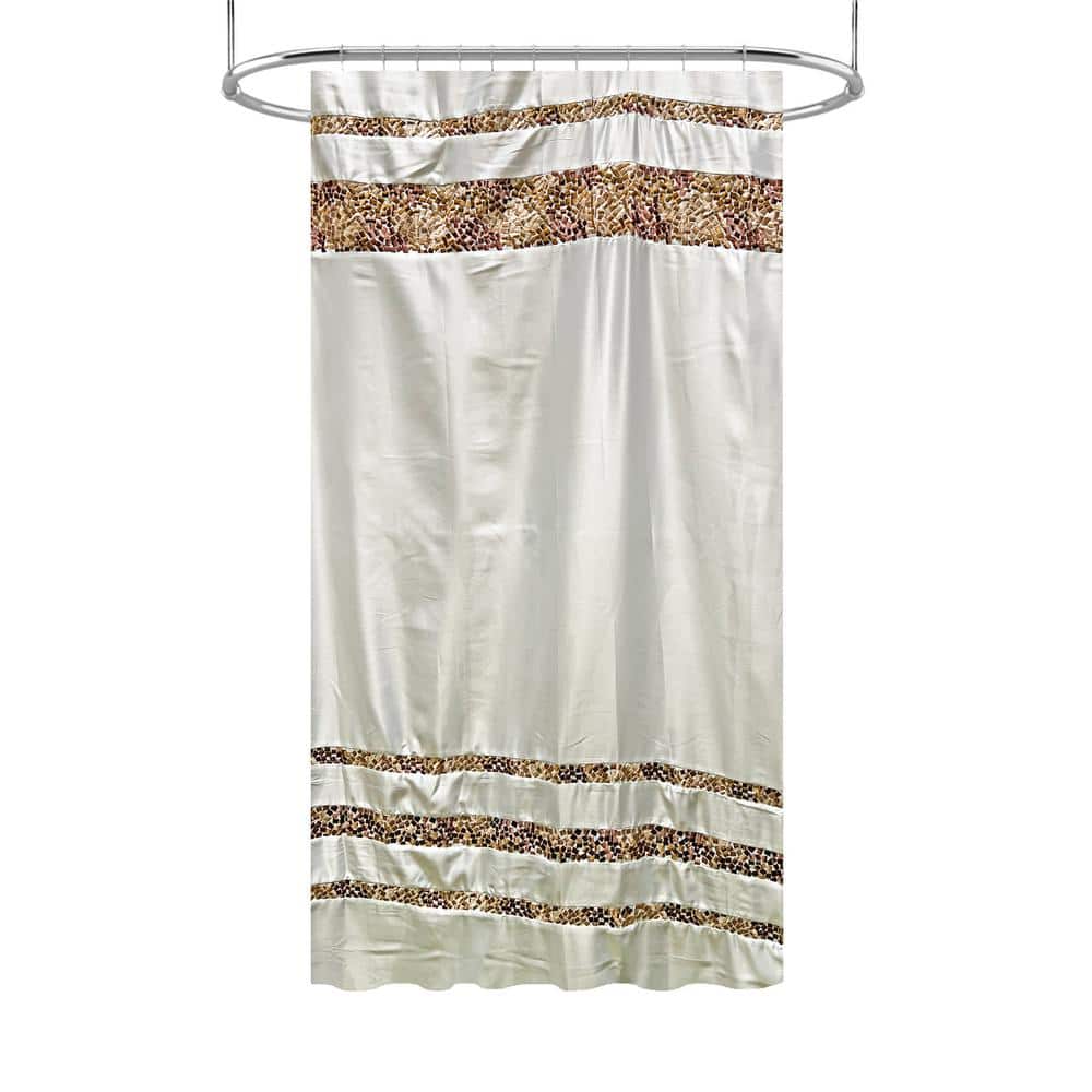 Brown and Beige Satin-Like Fabric Shower Curtain with Embroidered Tiles - 72" x 84"