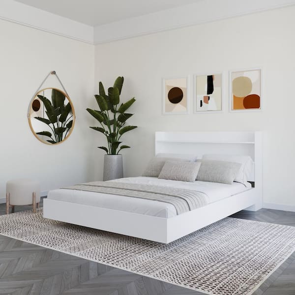Harper White Frame Full Size Floating Platform Bed with Headboard