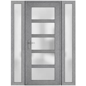 60 in. x 80 in. Right-Hand/Inswing 2 Sidelights Frosted Glass Grey Ash Steel Prehung Front Door with Hardware