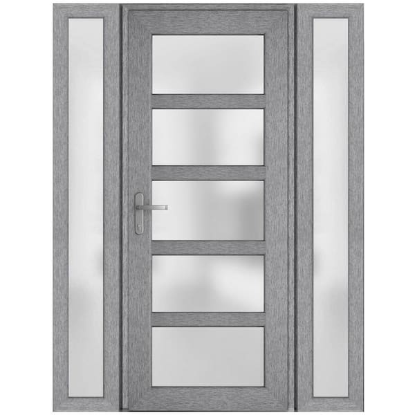 VDOMDOORS 60 in. x 80 in. Right-Hand/Inswing 2 Sidelights Frosted Glass Grey Ash Steel Prehung Front Door with Hardware
