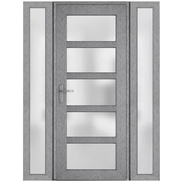 VDOMDOORS 64 in. x 80 in. Right-Hand/Inswing 2 Sidelights Frosted Glass Grey Ash Steel Prehung Front Door with Hardware