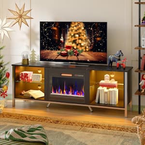 70.87 in. Black Marble TV Stand with Fireplace and Glass Shelves Fits TVs up to 75 in. LED Entertainment Center