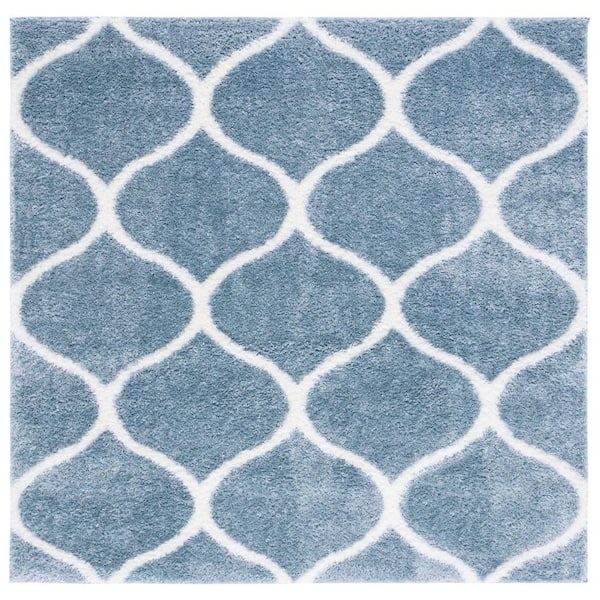 Tahoe Shag 7 ft. x 7 ft. Blue/White Trellis Modern Square Area Rug