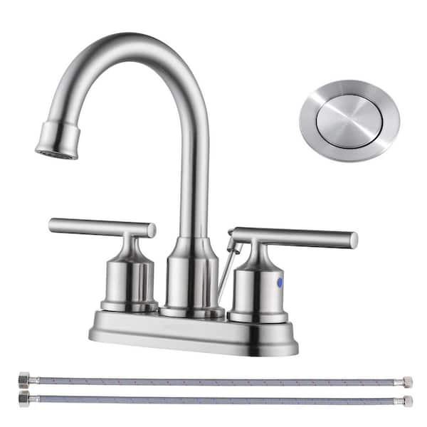 VEVETTA 4 in. Centerset Deck Mount Double Handle Bathroom Faucet with Pop-Up Drain Included in Brushed Nickel