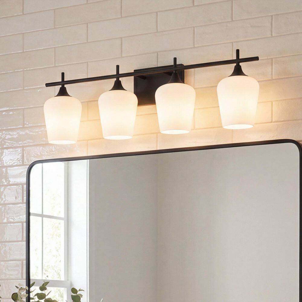 Octave 28.75 in. W x 9.5 in. H 4-Light Matte Black Bathroom Vanity Light with White Opal Glass Shades price history on PriceWatchPro