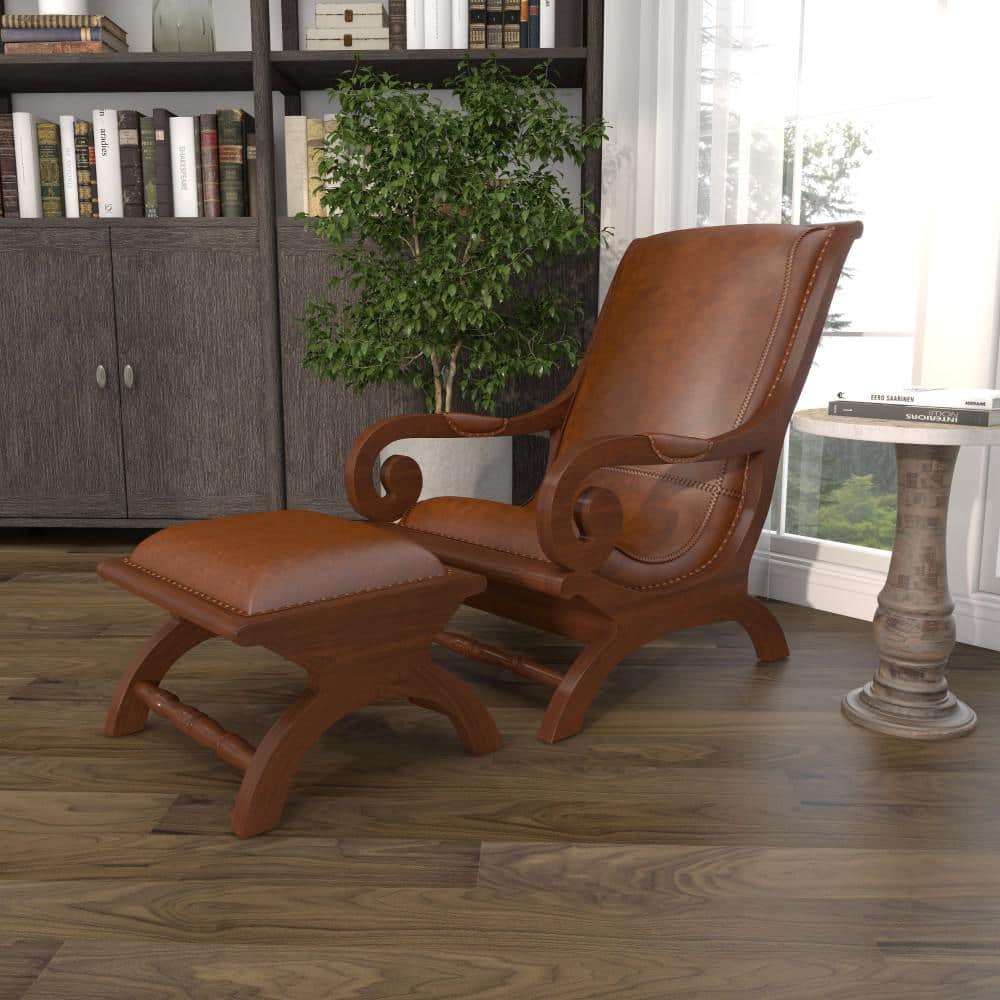 Handcrafted Brown Leather and Teak Wood Accent Chair with Ottoman