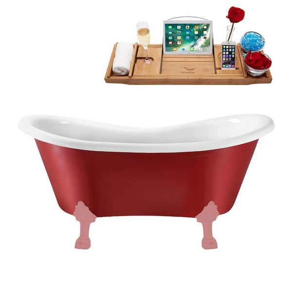 Streamline 62 in. x 31 in. Acrylic Clawfoot Soaking Bathtub in Glossy Red with Matte Pink Clawfeet and Brushed Nickel Drain