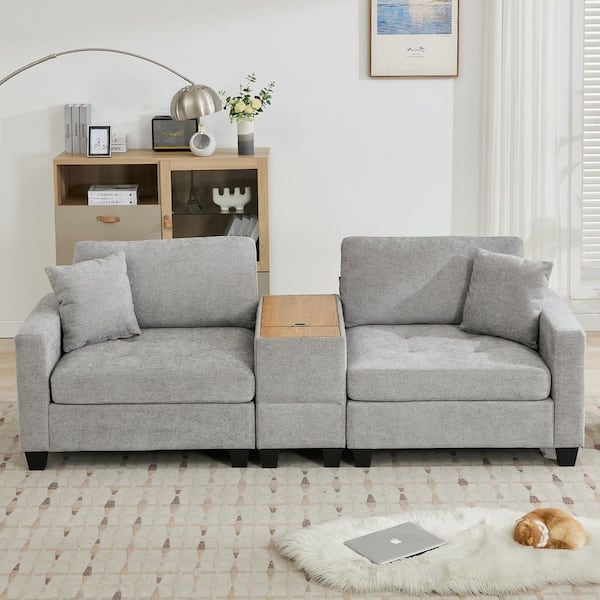 Jearey Sunderland 97.64 in. Chenille Gray Tufted Sectional Sofa Couch with Side Table, Split Left and Right Seats, 2-Pillows