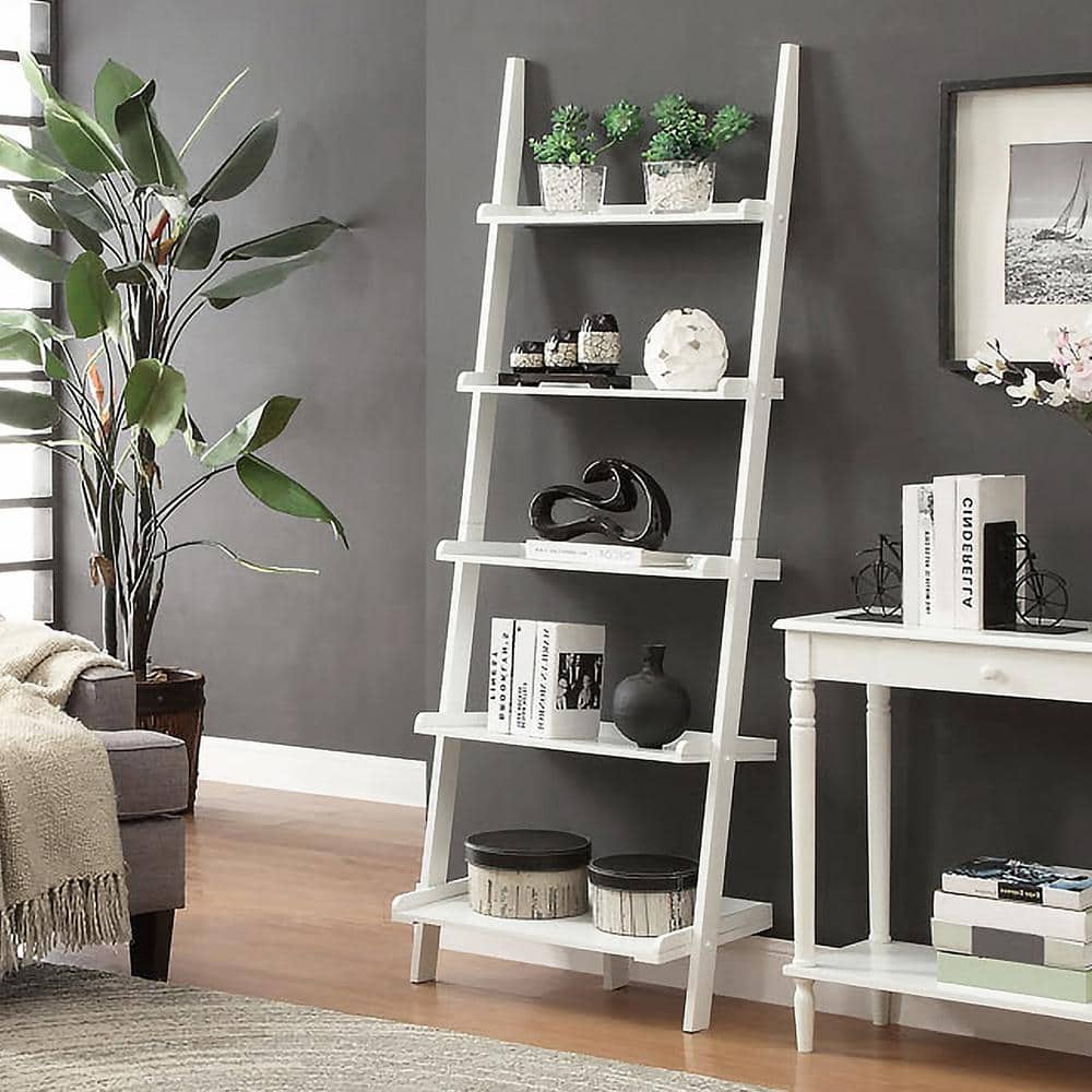 White Wooden Leaning Bookshelf Ladder with Five Shelves