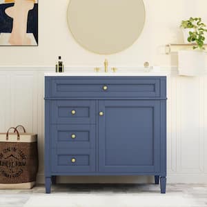 36 in. W x 18 in. D x 33 in. H Freestanding Bath Vanity in Blue with White Resin Top, 2-Drawers, and a Tip-out Drawer