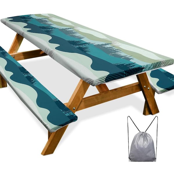 Angel Sar 96 in. Rectangular Waterproof Picnic Table Cover with Bench Covers and Drawstring Bag, Green and Blue