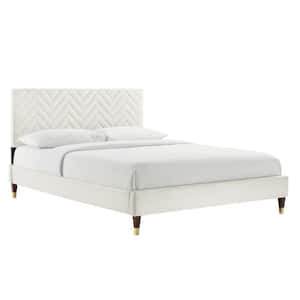 Leah Chevron Tufted White Performance Velvet Frame Queen Platform Bed with Wood Legs With Gold Metal Sleeves