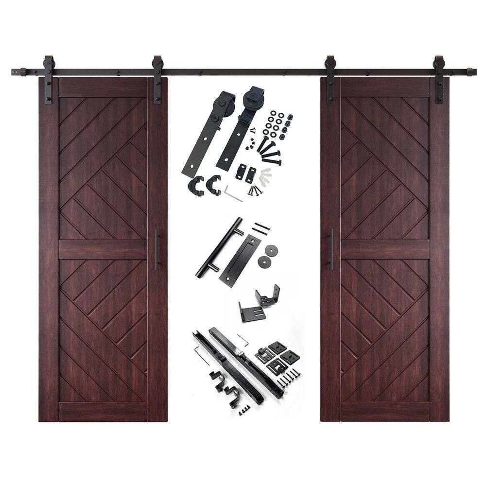 HT 26 in. x 80 in. C-Panel Red Mahogany Geometric Design Double Pine Wood Sliding Barn Door with Hardware Kit price history on PriceWatchPro