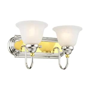 Bradley 14 in. 2-Light Polished Chrome and Polished Brass Vanity Light with White Alabaster Glass