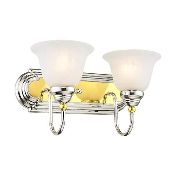 AVIANCE LIGHTING Bradley 14 in. 2-Light Polished Chrome and Polished Brass Vanity Light with White Alabaster Glass