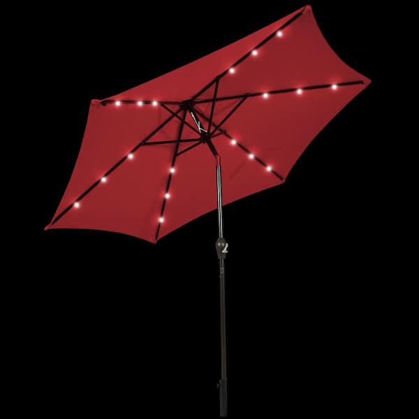 WELLFOR 9 ft. Iron Market Solar Tilt Patio Umbrella in Burgundy with LED Lights