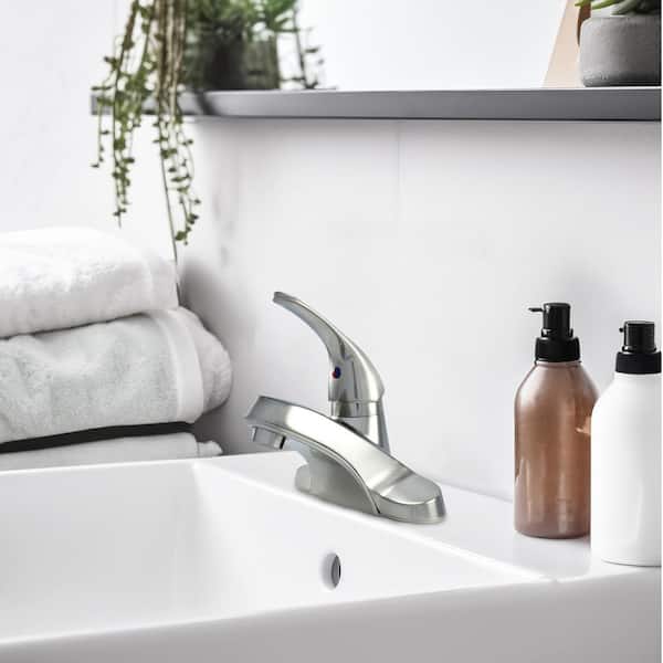 Single Handle Lavatory Faucet 4 in. Centerset with Ceramic Control and Matching Push Pop-Up Brushed Nickel