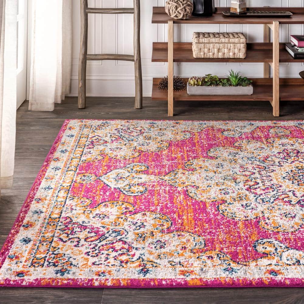Bohemian Flair Pink and Cream Synthetic Medallion Area Rug