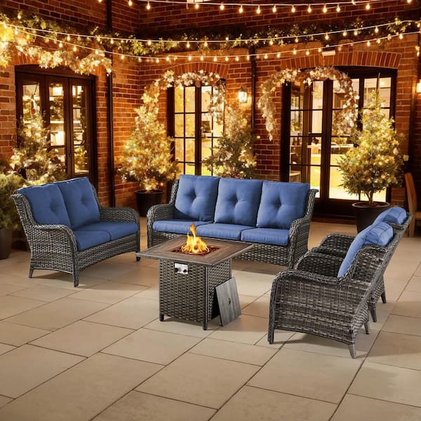 Pocassy 5-Piece Gray Wicker Outdoor Patio Fire Pit Seating Set with CushionGuard Blue Cushions