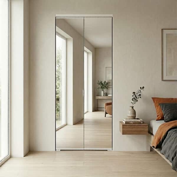 30 in. x 80 in. Polished Edge Mirror Solid Core MDF Full-Lite Interior Closet Wood Bi-Fold Door with White Trim