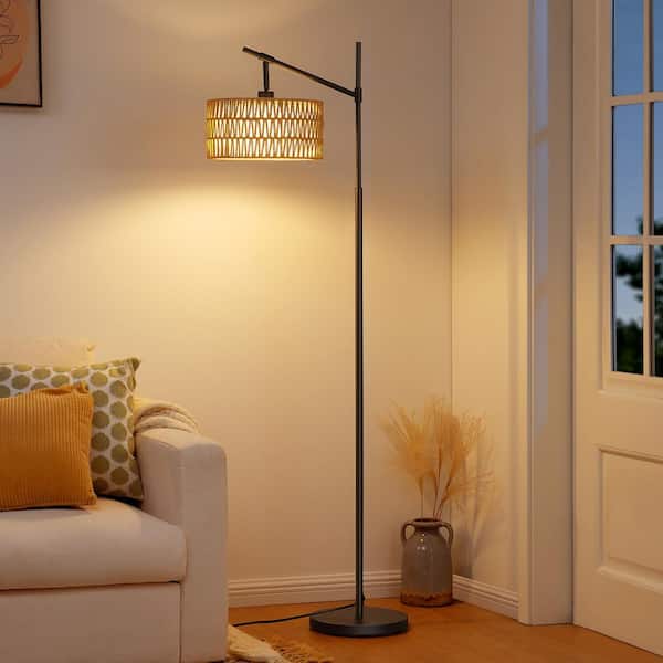 63.7 in. Brown Rattan Dimmable And Timer Arc Floor Lamp for Living Room With Bulb And Remote Control Included