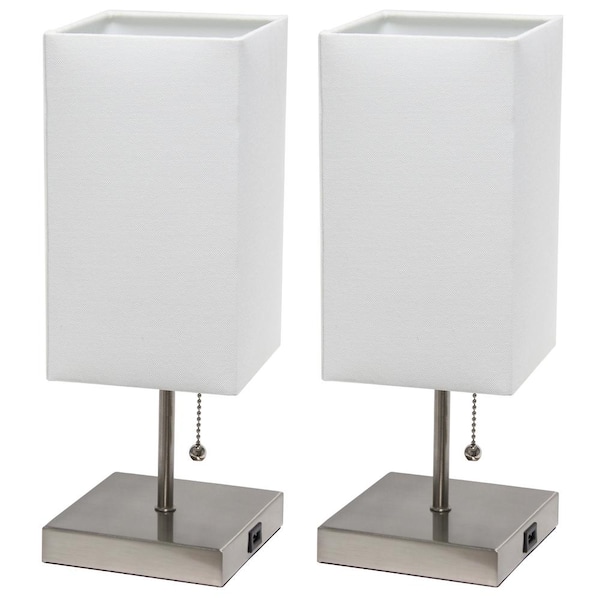 Simple Designs 14.25 in. Brushed Nickel Petite Stick Lamp with USB Charging Port and White Fabric Shade Set (2-Pack)