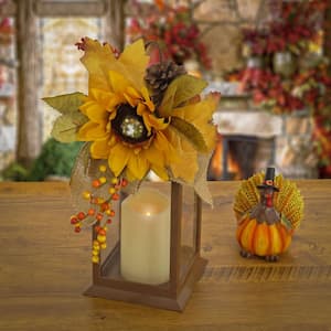 14 in. Sunflower and Burlap Bow Decorated Harvest Lantern