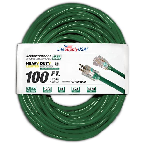 100 ft. 10-Gauge/3 Conductors SJTW Indoor/Outdoor Extension Cord with Lighted End Green (1-Pack)
