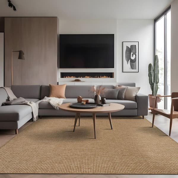Natural 10 ft. x 14 ft. Solid Washable Modern Indoor Outdoor Area Rug