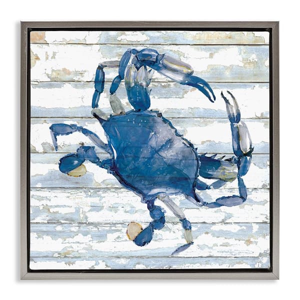 Stupell Industries Blue Crab on Distressed by Jessie Perry Gray Floater Frame Animal Graphic Art Print 18 in. x 18 in.