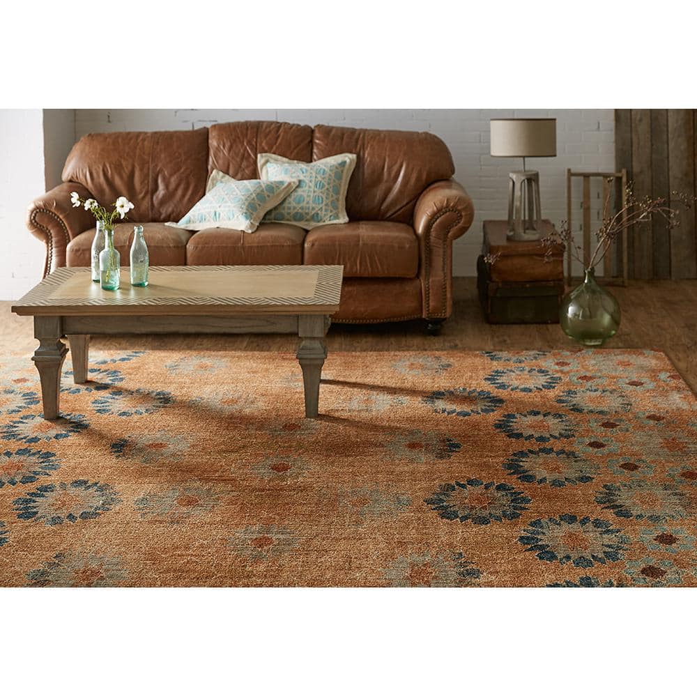 Saffron Orange and Turquoise Floral Synthetic Area Rug