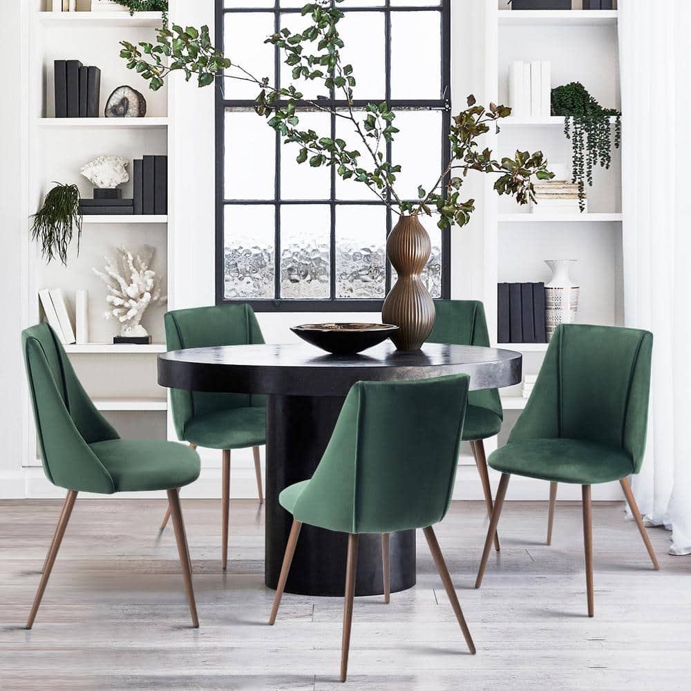 Green Velvet Upholstered High Back Side Chair with Walnut Metal Legs