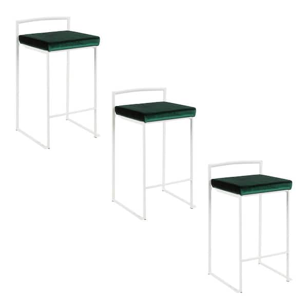Lumisource Fuji 27.75 in. Emerald Green Velvet and White Metal Stackable Counter Stool (Set of 3)