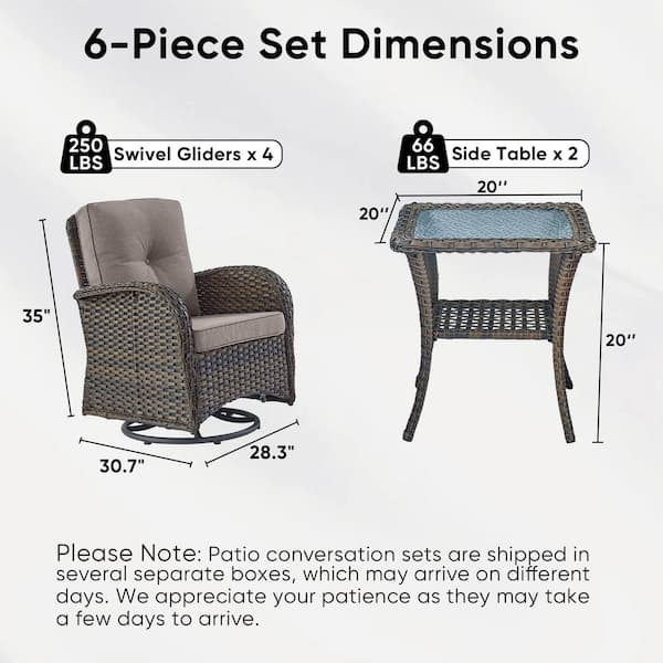 Farmhouse 6-Piece Brown Wicker Outdoor Rocking Chair with Olefin Gray Cushions and Swivel Gliders / Side Tables