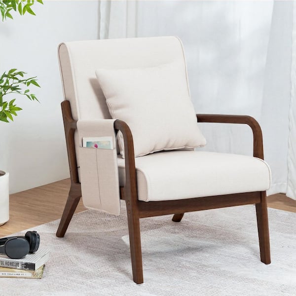 Beige Linen Accent Chair Upholstered Wood Arm Chair with Extra Pillow and Storage Pocket