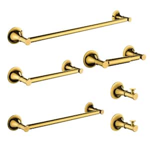 6-Piece Bath Hardware Set with Toilet Paper Holder Towel Hook and Towel Bar in Gold
