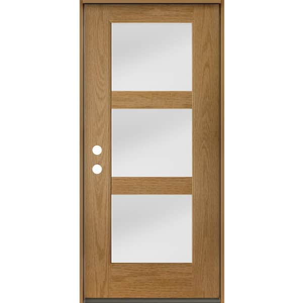 Krosswood Doors BRIGHTON Modern 36 in. x 80 in. 3-Lite Right-Hand/Inswing Satin Etched Glass Bourbon Stain Fiberglass Prehung Front Door