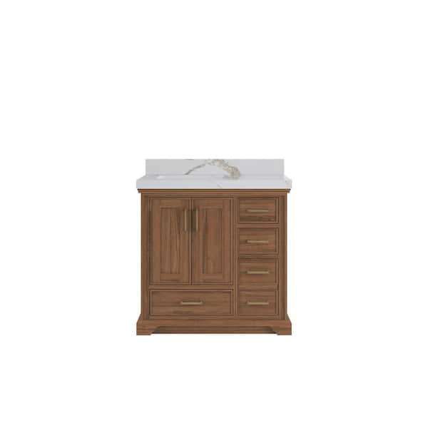Willow Collections Charlotte 36 in. W x 22 in. D x 36 in. H Left Offset Sink Bath Vanity in Dark Natural with 2" Calacatta Gold Qt. Top