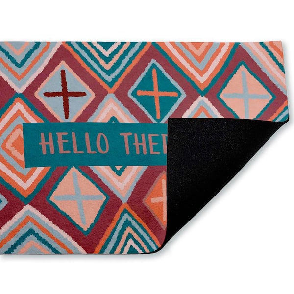 Hello There on Geometric Red 18 in. x 30 in. Polyester Non-Slip Outdoor Door Mat