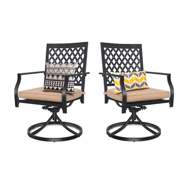 cenadinz Metal Outdoor Dining Chair with Tan Cushion Surports 300 lbs. for Garden Backyard Poolside, Black (2-Piece )