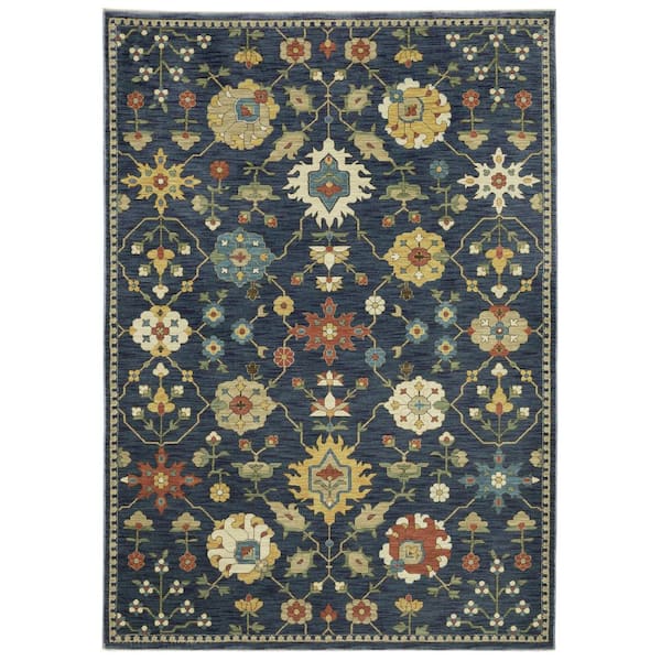 Fleetwood Blue/Multi-Colored 10 ft. x 13 ft. Persian Floral Polypropylene Fringe Edge Indoor Area Rug