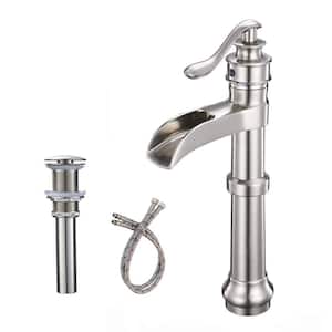 Single Handle Single-Hole Bathroom Waterfall Vessel Sink Faucet with Pop Up Drain Kit Included in Brushed Nickel