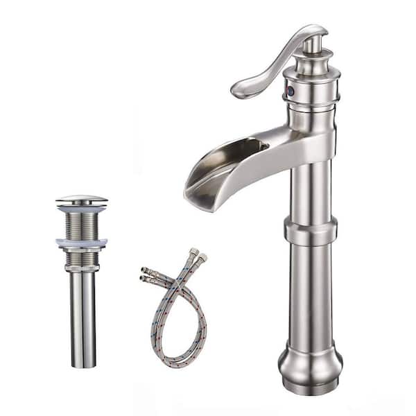 Fapully Single Handle Single-Hole Bathroom Waterfall Vessel Sink Faucet with Pop Up Drain Kit Included in Brushed Nickel