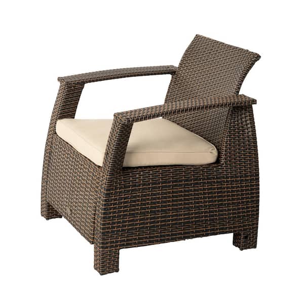 BALKENE HOME Deluxe Bondi Stationary Mocha Wicker Outdoor Lounge Chair with Taupe Cushion
