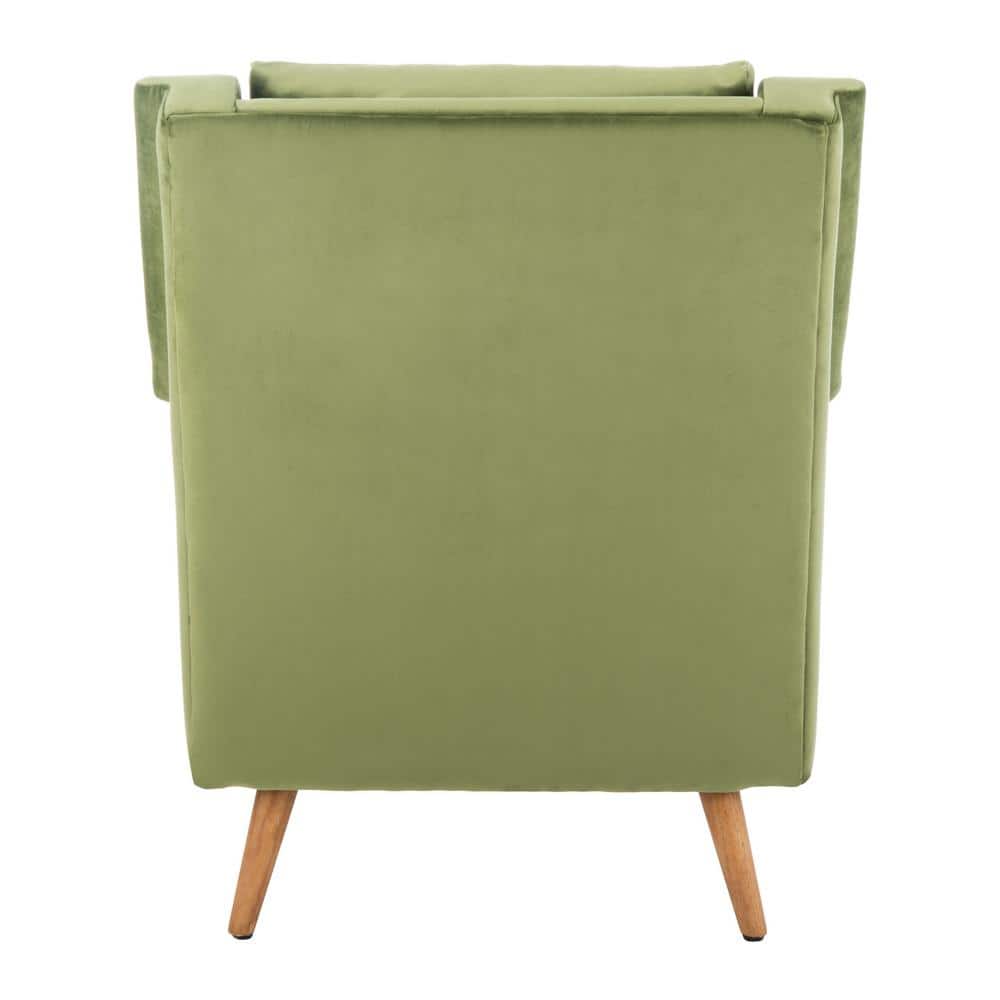 Olive Velvet and Natural Wood Mid-Century Arm Chair